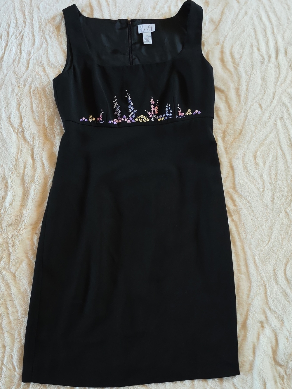 Vintage Ann Taylor Loft Black Sleeveless Sheath Dress with Floral Embellishment